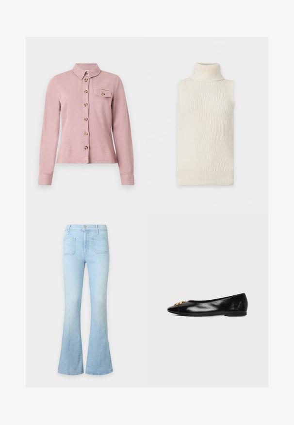 Pull sans manches crème tricoté à col roulé avec texture côtelée et ourlet sur fond blanc uni.; Chemise rose clair à manches longues avec des boutons marron sur le devant, rabat de poche poitrine boutonné et petit col sur fond blanc.; Jean en denim bleu clair avec une taille haute, des poches plaquées à l'avant et des jambes évasées sur un fond neutre.; Chaussure plate en cuir noir avec un bout pointu et un emblème décoratif doré sur fond blanc uni.