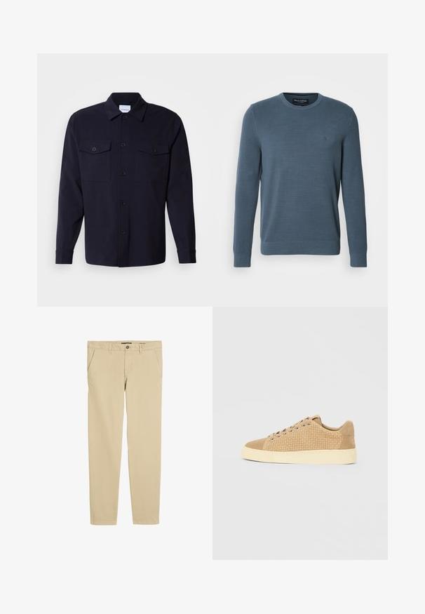 Suéter azul de punto con mangas largas, cuello redondo, patrón texturizado, puños acanalados y un emblema en el pecho.; Chaqueta de camisa azul marino hecha de una tela suave, con dos bolsillos en el pecho, un frente abotonado y mangas largas con puños abotonados.; Pantalones de algodón en color beige, con un diseño de pierna recta, que presentan bolsillos laterales y cierre de botón. Textura suave y líneas limpias.; Zapatillas color beige con textura tejida en la parte superior, detalles de ante, punta redondeada y suela de goma amarillenta.
