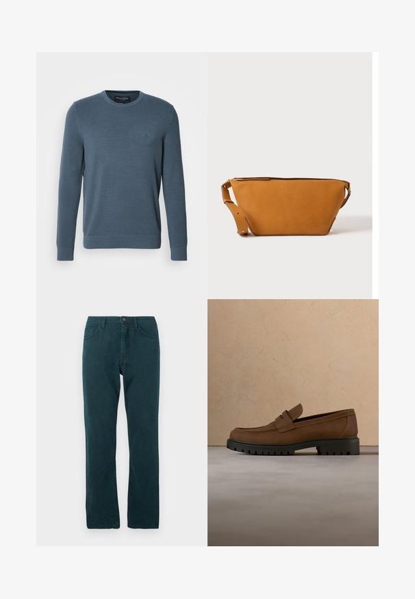 Pull bleu en tricot avec des manches longues, un col rond, un motif texturé, des poignets côtelés et un emblème sur la poitrine.; Jean droit bleu canard avec fermeture à bouton et zip à l'avant, poches avant et arrière, présenté à plat sur fond blanc.; Mocassin en cuir marron foncé avec semelle épaisse en caoutchouc noir présenté au-dessus d’un tapis beige et d’un canapé en arrière-plan.; Sac bandoulière en cuir marron clair avec sangle réglable et fermeture éclair, présenté sur un fond clair uni.