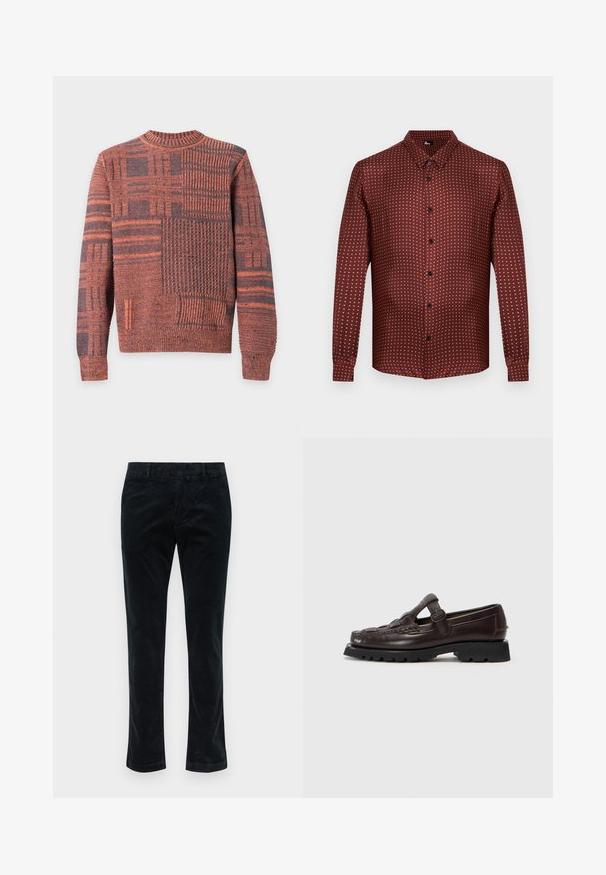 Pull en maille à manches longues avec motifs patchwork orange et gris foncé, col, poignets et ourlet côtelés.; Chemise boutonnée bordeaux en tissu texturé, avec un motif à pois crème. Manches longues et col traditionnel.; Pantalons en corduroy noir à jambe droite, avec des côtes verticales, une texture douce et une taille standard sans matériel visible.; Hereu SOLLER - Chaussons - dark brown