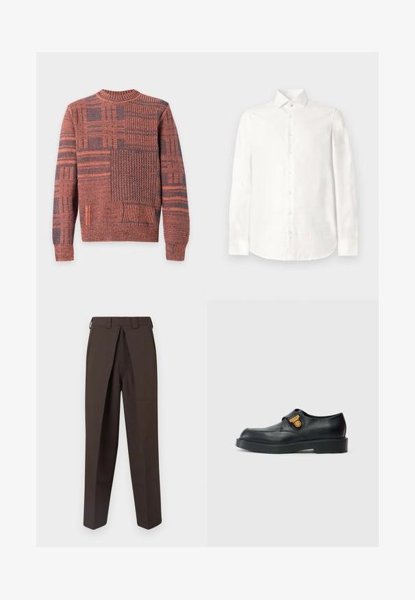 Jersey de punto de manga larga con estampados de patchwork en naranja y gris oscuro, con cuello, puños y dobladillo acanalados.; Camisa blanca de manga larga hecha de tela suave. Cuenta con un collar de punta, cierre frontal con botones y un dobladillo redondeado. Sin patrones visibles.; BLUEMARBLE WORK PANT - Pantalones - brown; Zapato negro de cuero con punta redondeada, superficie texturizada y diseño sin cordones. Presenta un adorno de metal en tono dorado en el lateral.