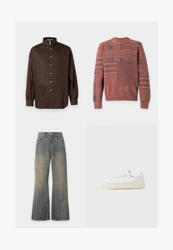 Langærmet strikket sweater med orange og mørkegrå patchworkmønstre og ribbet halsudskæring, manchetter og kant.; Braun langærmet skjorte i et glat stof med klassisk krave, frontlukning med knapper og elastiske manchetter; har et diskret logodetalje.; Vidde, falmede blå jeans med forlommer og bæltestropper, vist mod en ensfarvet lys baggrund.; Hvid sneakers med en øvre del i tekstureret ruskind og læder. Har rundet tå, snørelukning og kontrasterende beige gummisål.