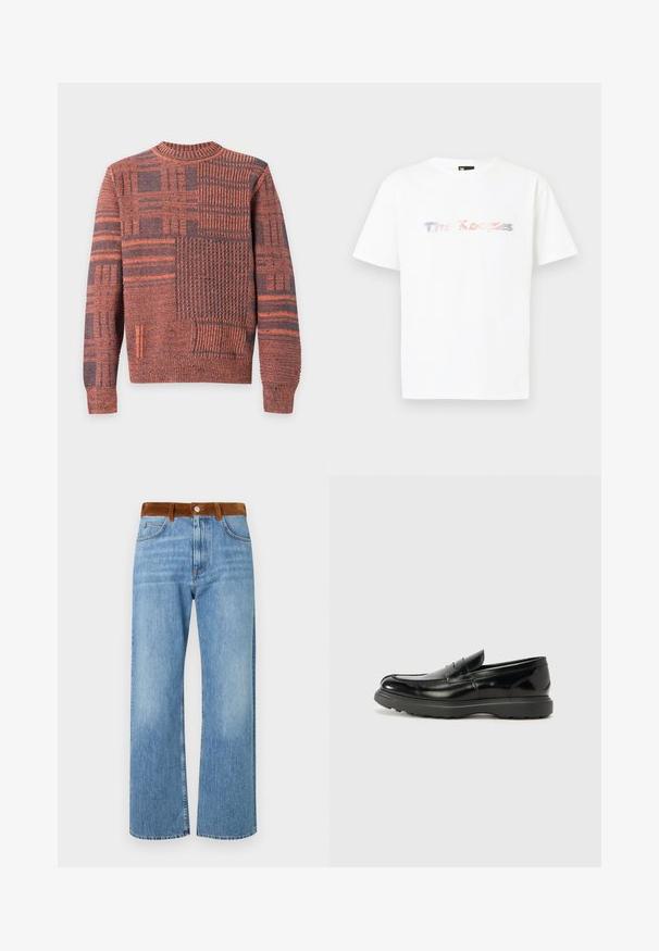 Pull en maille à manches longues avec motifs patchwork orange et gris foncé, col, poignets et ourlet côtelés.; T-shirt blanc à manches courtes avec un logo "The Kooples" multicolore légèrement flou sur la poitrine, sur un fond uni.; Jeans en denim bleu clair avec une coupe droite, dotés d'une taille en suède marron, de poches avant et d'une fermeture éclair.; Mocassin en cuir noir avec une finition brillante, bout arrondi, détails de couture subtils et semelle en caoutchouc épaisse pour la durabilité.