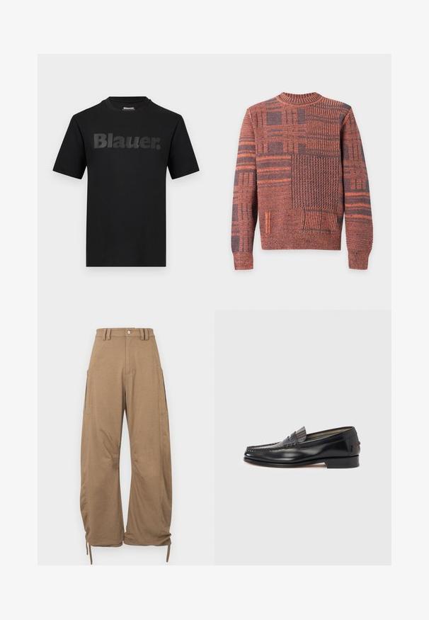 Pull en maille à manches longues avec motifs patchwork orange et gris foncé, col, poignets et ourlet côtelés.; T-shirt noir à manches courtes avec l'inscription "Blauer." en grandes lettres gris foncé sur la poitrine et un col rond.; Pantalon cargo en tissu marron clair, doté de deux poches latérales, d'une coupe décontractée, d'ourlets à cordon de serrage et d'une fermeture à boutons à la taille.; Mocassins en cuir noir avec un design de style mocassin, présentant une bande décorative et un détail de couture sur le dessus. Talon bloc bas.