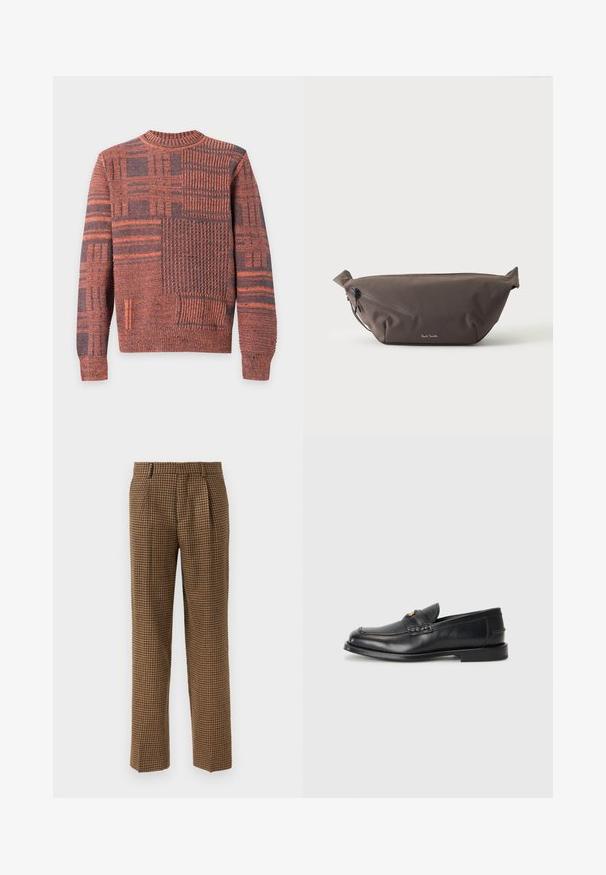 Langærmet strikket sweater med orange og mørkegrå patchworkmønstre og ribbet halsudskæring, manchetter og kant.; Brune ternede bukser med løs pasform, der har folder foran, et glat tekstureret stof og et lige ben design.; Sorte læder loafers har en afrundet tå, syede detaljer og en lille gylden accent foran. Sålen er flad og diskret.; Mørkebrun stof talje taske med diagonalt lynlåslomme og lille hvidt logo på fronten, sat mod en ensfarvet lys baggrund.