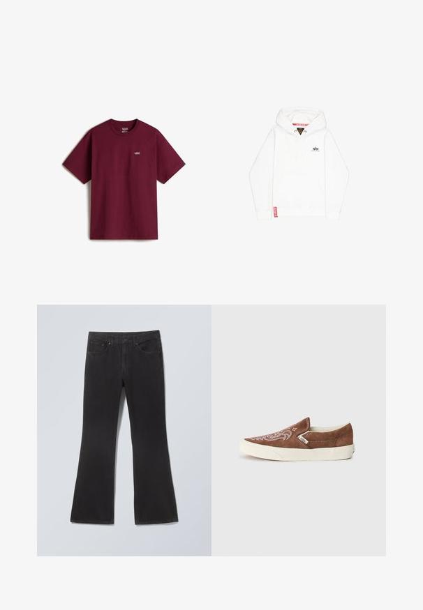 Sudadera blanca con capucha y bolsillo frontal, cierre de cordón y un pequeño logo negro en el pecho. Presenta una etiqueta roja en el dobladillo.; Camiseta de algodón marrón con mangas cortas, escote redondo y pequeño logo blanco de Vans en el pecho izquierdo. Textura suave, corte holgado.; Vaqueros negros de mezclilla con perneras acampanadas, botón y cremallera en la parte delantera, y cinco bolsillos, dispuestos sobre un fondo claro.; Vans CLASSIC SLIP ON UNISEX - Zapatillas - potting soil/marshmallow