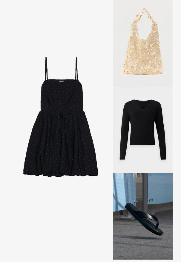 Pull noir ajusté à col en V et manches longues, avec ourlets et poignets côtelés, sur fond gris clair uni.; Even&Odd Robe de soirée - black; Tongs noires suspendues en l'air au-dessus de l'asphalte, avec des panneaux de tissu bleu et des poteaux métalliques en arrière-plan.; Sac fourre-tout en crochet beige avec un motif floral ajouré, présentant de grandes et petites fleurs ainsi qu'une poignée simple en boucle.