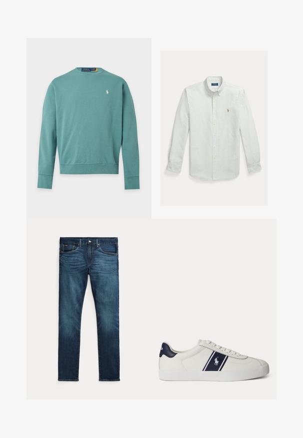 Langärmeliges Sweatshirt in Türkis mit Rundhalsausschnitt und kleinem weißen Polo Ralph Lauren-Logo auf der linken Brust vor hellem Hintergrund.; Hellgrünes und weiß gestreiftes Hemd aus Baumwolle mit Knopfleiste, klassischem Kragen und kleinem, gesticktem Logo auf der Brust.; Dunkelblaue Slim-Fit-Jeans mit vorderem Knopf und Reißverschluss, fünf Taschen sowie dezenter Verfärbung an den vorderen Oberschenkeln und Knien.; Weißer niedriger Sneaker mit dunkelblauem Streifen und Logo an der Seite sowie dunkelblauer Fersenschlaufe, flacher weißer Sohle und weißen Schnürsenkeln.