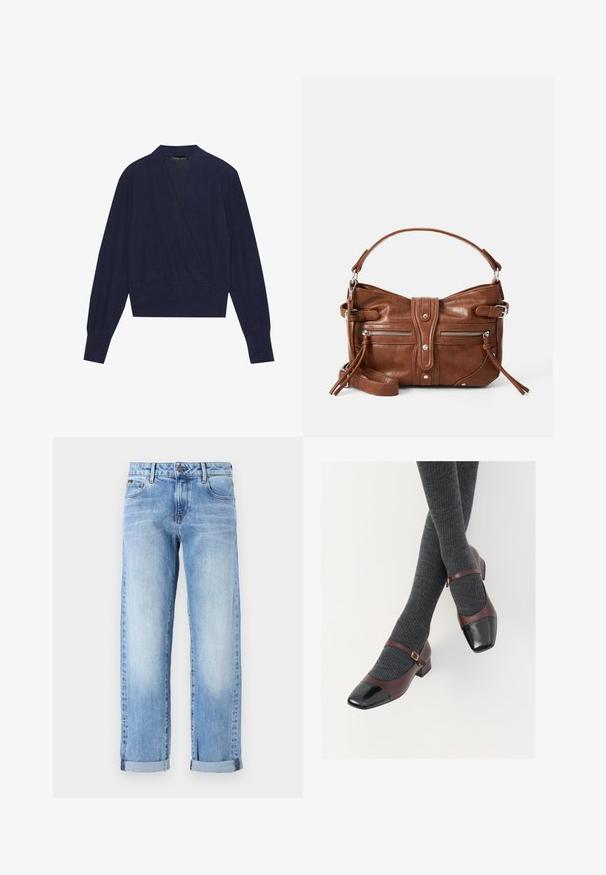 Marineblå indpakningsstrik med lange ærmer, V-hals og ribbede manchetter. Blødt stof med en glat tekstur og en tætsiddende taljedesign.; Lyseblå denimjeans med opsmøgede ben, frontknap og lynlås, samt klassisk femlommesdesign på en hvid baggrund.; Burgunderrøde læder Mary Jane-sko med en sort laktoej og tynd ankelrem; båret med mørkegrå ribbede strømper. Lav blokhæl.; Brun læderhåndtaske med en rund form, to frontlommer med lynlås og en aftagelig skulderrem. Udstyret med hardware og syninger i sølvfarve.