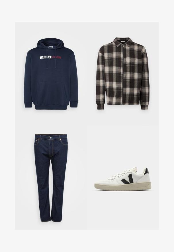 Tumesinine kapuutsiga sviiter, millel on känguru tasku, reguleeritav kapuuts ja valge/punane trükitud logo, mis ütleb "JACK & JONES" rinnal.; Mustvalge ruuduline flanelljakk, millel on tõmblukuga sulgemine, krae kujundus, pikad varrukad ja pehme tekstuur.; Tumedat sinised teksapüksid otsepholaga disainiga, millel on nähtavad kontrastse kollase õmblusega viie taskuga ja esine nupuga sulgemine.; Valge nahkne spordijalanõud musta V-logoga, augustatud varvas, kreemjas kummist talla, lapikud paelad ja minimalistlik disain.