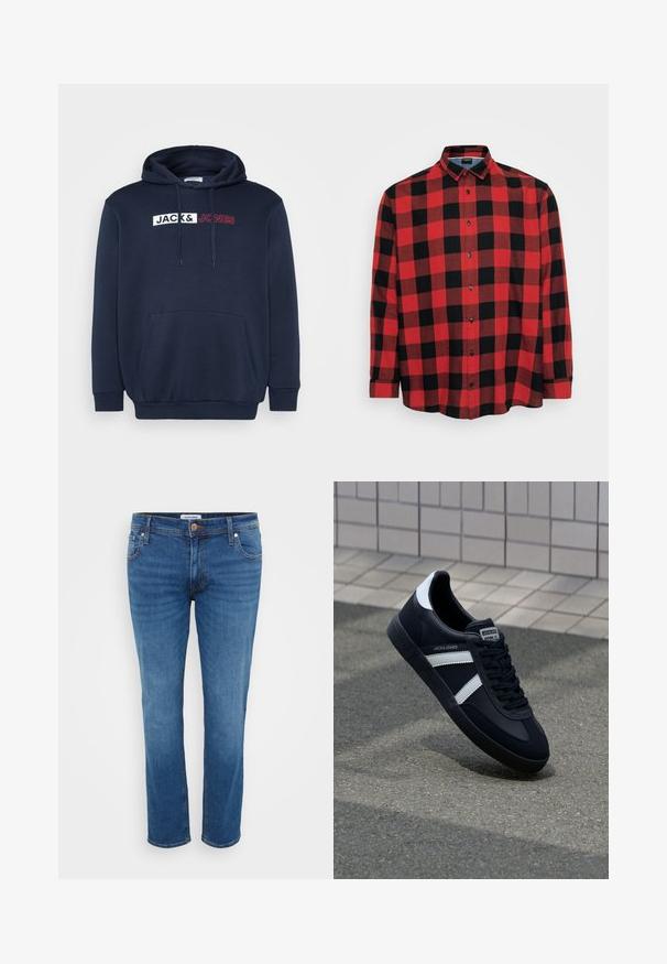 Marineblauer Hoodie mit Kängurutasche, Kapuze mit Kordelzug und einem weiß-roten Drucklogo mit der Aufschrift "JACK & JONES" über der Brust.; Rot-schwarz kariertes Langarmhemd aus Baumwolle, mit Button-Down-Kragen, schwarzen Knöpfen, großem Karomuster und abgerundetem Saum.; Jeans aus Denim in einem mittleren Blauton, mit einem geraden Bein Design, fünf Taschen-Stil und einem Knopfverschluss an der Taille.; Schwarze Leder-Sneaker mit weißen Streifen, strukturiertem Gummisohle und Schnürung. Verfügt über ein Markenetikett auf der Zunge.