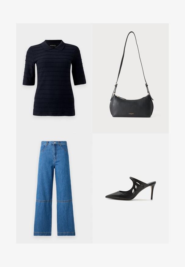 Marineblå poloshirt med korte ærmer og et struktureret mønster af hævede vandrette striber; har en klassisk krave og bølget kant.; Bredde ben jeans i blå denim med høj talje, der har dobbelt stikning ved knæene og en tekstureret stofoverflade.; Sorte læder højhælede mules med spids tå, udskåret sideskærm og glat tekstur. Stiletthæl og subtil syning.; Lille sort læder skuldertaske med justerbar rem og gyldent lynlås, med subtilt gyldent brandtekst foran.