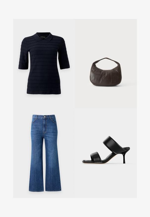 Marineblå poloshirt med korte ærmer og et struktureret mønster af hævede vandrette striber; har en klassisk krave og bølget kant.; Bredde ben jeans i mørkeblå denim, med høj talje, diskret slidte detaljer og klassisk fem-lomme-design. Syet med kontrasttråd.; Sort læder mule sandal med to brede remme og en slank mellemhøj stiletthæl på en ensartet lys baggrund.; Lille mørkebrun tekstureret håndtaske med kort rem og afrundet bund på en ensfarvet lys baggrund.