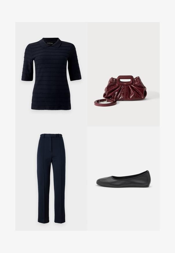 Marineblå poloshirt med korte ærmer og et struktureret mønster af hævede vandrette striber; har en klassisk krave og bølget kant.; Marineblå, skræddersyede bukser lavet af tekstureret stof; har bæltestropper i taljen og en central fold ned foran. Slim, lige ben-design.; Sort læderballetsko med rund tå, glat tekstur, minimal syning og et fleksibelt såldesign.; Lille mørkerød læderhåndtaske med opsamlet struktur, rektangulært håndudskåret håndtag og aftagelig skulderrem på hvid baggrund.