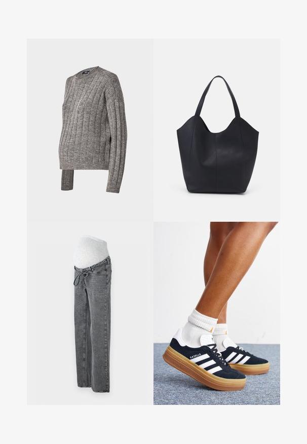 Grå ribstrikket sweater med rund hals og lange ærmer, der har sidelæg ved kanten for ekstra komfort og pasform.; Vero Moda Maternity Wide-leg maternity Wide Leg Fit - Jeans Relaxed Fit - medium grey denim; Ben iført hvide sokker og sorte Adidas Gazelle sneakers med hvide striber og tykke brune såler på et gråt tæppe.; Sort tote taske lavet af glat læder, med en buet, åben top, to skulderstropper og et minimalistisk design.