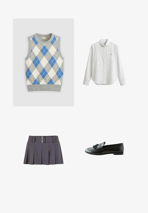 Grå ærmeløs sweater med et argyle mønster i blå, hvid og gul. Har en rund halsudskæring og ribbet kant. Fremstillet af blødt stof.; Hvid skjorte med lange ærmer og knapper foran med en lomme foran med et lille broderet logo og krave med knapper.; Grå plisseret mini skirt med en glat tekstur, der har en bred taljeafsnit, bæltestropper og en rektangulær sølvspænde detalje.; Sort læderloafer med kvaster på toppen og lav hæl, vist fra siden på hvid baggrund.