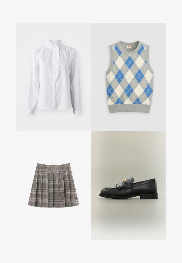 Grå ærmeløs sweater med et argyle mønster i blå, hvid og gul. Har en rund halsudskæring og ribbet kant. Fremstillet af blødt stof.; Hvid skjorte med lange ærmer, flæset høj krave og lodret flæseaccent foran. Letvægts bomuldsstof.; Plisseret nederdel i sort, hvid og grå med folder og en tilpasset linning. Ensartet tekstur med et klassisk tartanmønster over hele.; Sort læderloafer med frynsedetalje og guldemblem på neutral baggrund, set fra siden.