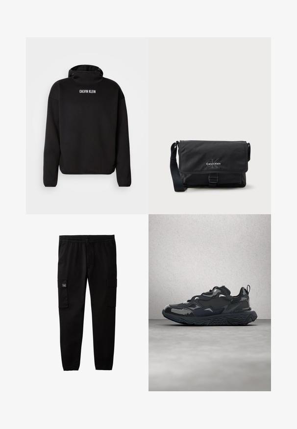 Sort sweatshirt med høj hals, lange ærmer og ribbede manchetter. "CALVIN KLEIN" logo i hvid på den øverste ryg. Blødt stof.; Sorte cargobukser med elastisk talje og manchetter, knap- og lynlås-lukning samt klaplommer på hvert lår.; Sort løbesko med tekstureret overdel, glatte detaljer og en chunky sål med bølgemønster, designet for komfort og holdbarhed.; Sort messenger-taske lavet af holdbart stof med klaplukning, frontspænde og Calvin Klein-logo i sølv. Justerbar rem inkluderet.