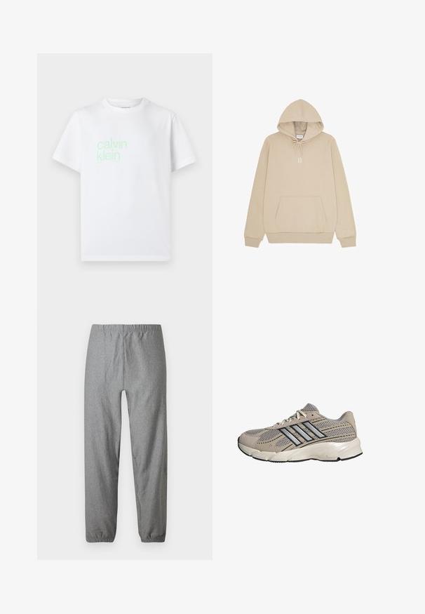 Beige hættetrøje med kængurulomme foran, snøre i hætten, ribbede manchetter og "II" trykt i hvid på brystet.; Hvid bomulds t-shirt med korte ærmer. Har et lysegrønt "calvin klein" logo trykt foran. Standard crew neck design.; Grå, letvægtsbukser med elastisk taljebånd, let tilspidsede ben og elastiske manchetter. Glat tekstur med et diskret mønster.; Beige og grå mesh løbesko med sort og sølvstribet design, hvide snørebånd og en polstret sål mærket "Cloudfoam."