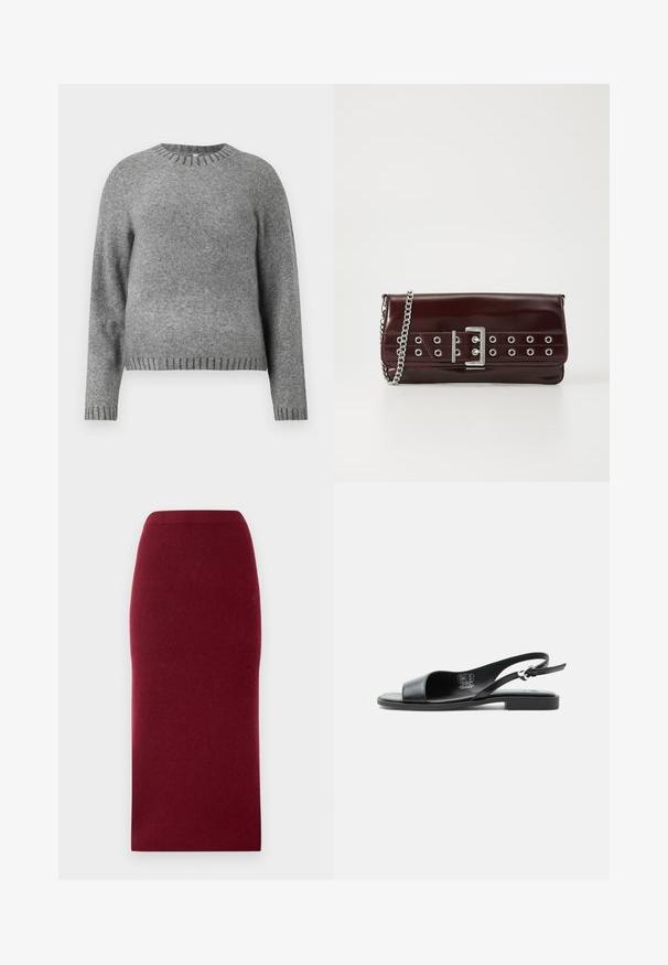Grå strikket sweater med rund halsudskæring, lange ærmer og ribbede detaljer vedærmerne og kanten. Blød tekstur med en let løs pasform.; Bordeaux strik midi-nederdel med en tætsiddende silhuet, glat tekstur og en talje. Ingen synlige sømme eller mønstre. Ensfarvet hele vejen igennem.; Sort læder sandal med flad sål, åben tå og justerbar rem bagpå på hvid baggrund.; Bordeaux farvet faux læder clutch med en sølv kædestrop, der har et spænde design og metaløjer over fronten for ekstra detaljer.
