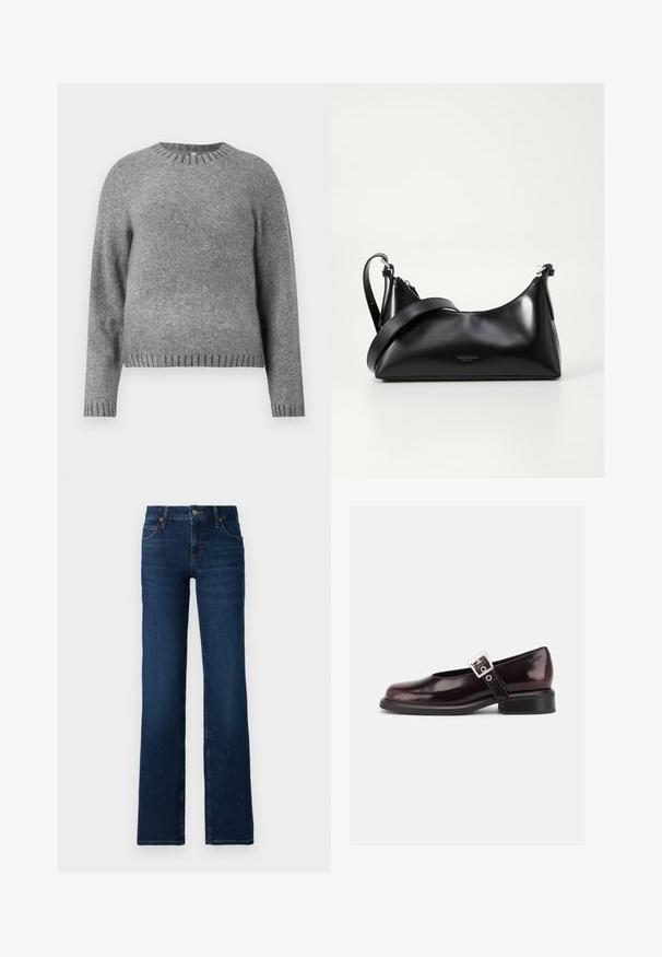 Grijze gebreide trui met een ronde hals, lange mouwen en geribde accenten bij de manchetten en de zoom. Zachte textuur met een iets losser pasvorm.; Donkerblauwe wijde jeans gemaakt van denim. Beschikt over een gestikt tailleband, vijf zakken en een ritssluiting met een metalen knoopsluiting.; Enkele glanzende donker bordeauxrode Mary Jane schoen met brede band en zilveren gesp, lage blokhak en afgeronde neus op witte achtergrond.; Zwarte leren handtas met een gladde textuur. Beschikt over een verstelbare schouderband en een strak, minimalistisch ontwerp met een ritssluiting.