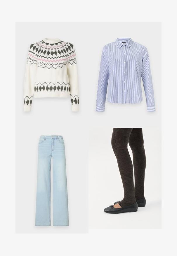 Pull en tricot blanc avec des motifs géométriques noirs et roses sur la poitrine, les manches et l'ourlet, présentant un col rond et des poignets côtelés.; Chemise à manches longues boutonnée, avec des rayures verticales blanches et bleu clair et un col pointu, présentée sur un fond uni.; Jeans wide en denim bleu clair avec un design classique à cinq poches et une fermeture à bouton à l'avant. Présente une légère décoloration sur le devant.; Jambes portant des leggings côtelés foncés associés à des ballerines noires avec de petits détails en nœud sur fond blanc.