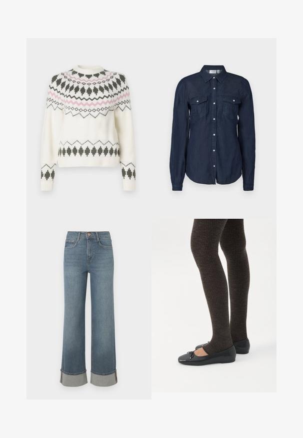 Hvid strikket sweater med sorte og pink geometriske mønstre over brystet, ærmerne og kanten, med rund halsudskæring og ribbede manchetter.; Marineblå knap-up skjorte i let materiale, med to forlommer, lange ærmer og en klassisk krave med buet kant.; Bredde ben blå denim jeans har en høj talje, manchettekanter med grå detaljer, fem-lomme design og en frontknaplukning.; Ben iført mørke ribbede leggings kombineret med sorte balletsko med små sløjfedetaljer på hvid baggrund.