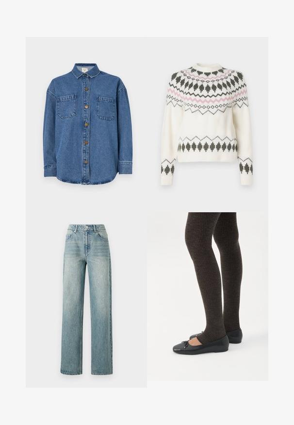 Pull en tricot blanc avec des motifs géométriques noirs et roses sur la poitrine, les manches et l'ourlet, présentant un col rond et des poignets côtelés.; Chemise en denim bleu moyen, avec un devant à boutons, deux poches poitrine et un col. Manches longues avec poignets à boutons.; Copenhagen Muse JEANNE PANTS - Jean boyfriend - medium dirty washed denim; Jambes portant des leggings côtelés foncés associés à des ballerines noires avec de petits détails en nœud sur fond blanc.