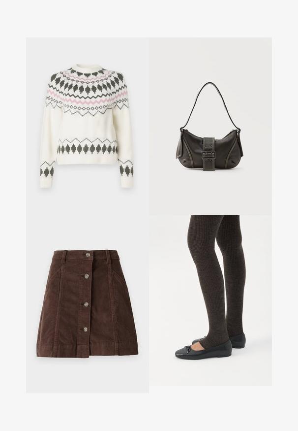 Hvid strikket sweater med sorte og pink geometriske mønstre over brystet, ærmerne og kanten, med rund halsudskæring og ribbede manchetter.; Brun kordfløjl A-formet nederdel med frontknaplukning og sidelommer, der har bæltestropper og vertikale sømdetaljer.; Ben iført mørke ribbede leggings kombineret med sorte balletsko med små sløjfedetaljer på hvid baggrund.; Sort læder skuldertaske med spænde på remmen, afrundede kanter og kontrasterende hvide syninger på en ensfarvet baggrund.
