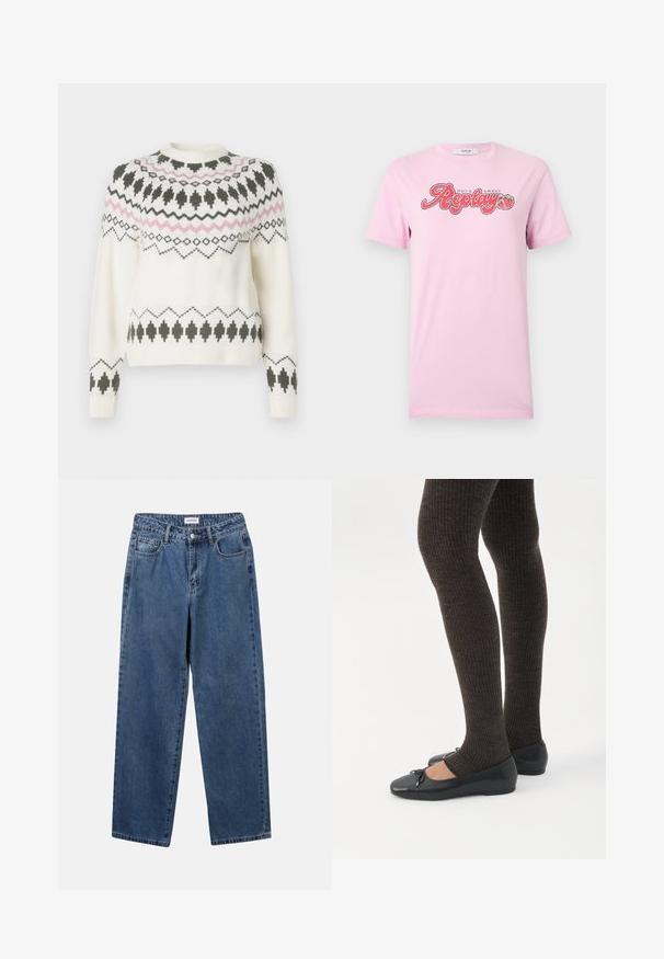 Witte gebreide trui met zwarte en roze geometrische patronen over de borst, mouwen en zoom, met een ronde halslijn en geribbelde manchetten.; Lichtroze T-shirt met korte mouwen en de tekst "Hot & Sweet Replay" met twee aardbeienafbeeldingen gecentreerd op de borst.; Klassieke blauwe denim jeans met een rechte pijp, vijf zakken en een knoopsluiting. Heeft een middelgrote wasbeurt en stevige textuur.; Benen met donkere geribbelde leggings gecombineerd met zwarte ballerina's met kleine strikdetails op een witte achtergrond.