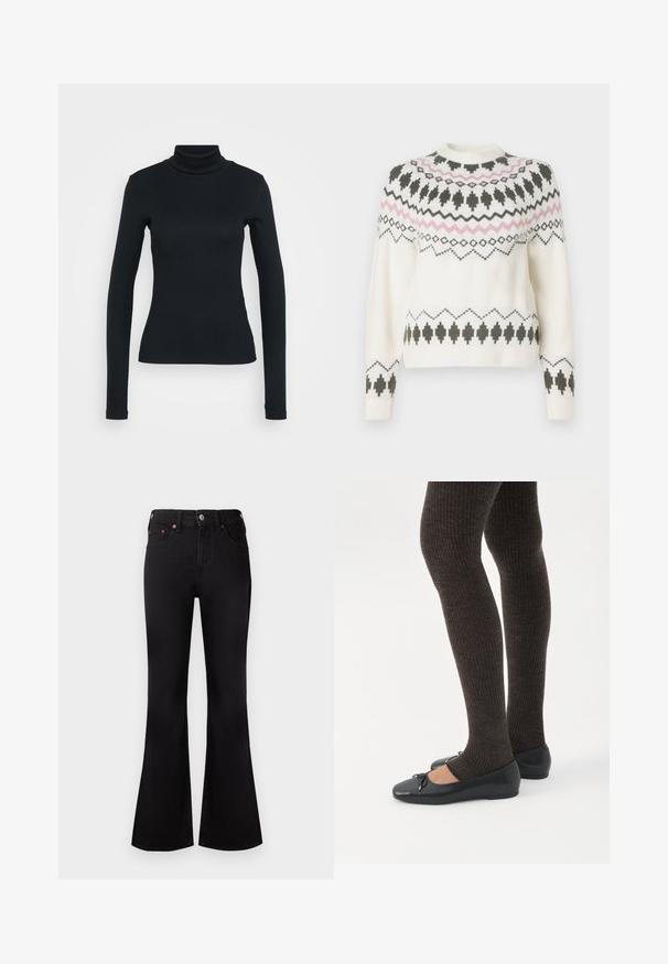 Hvid strikket sweater med sorte og pink geometriske mønstre over brystet, ærmerne og kanten, med rund halsudskæring og ribbede manchetter.; Sort langærmet ribbestrikket sweater med høj hals og tætsiddende silhuet på en lys ensfarvet baggrund.; Sorte højtaljede flare-jeans med forreste knap og lynlås, fem-lomme-design og kobbernitter på hvid baggrund.; Ben iført mørke ribbede leggings kombineret med sorte balletsko med små sløjfedetaljer på hvid baggrund.