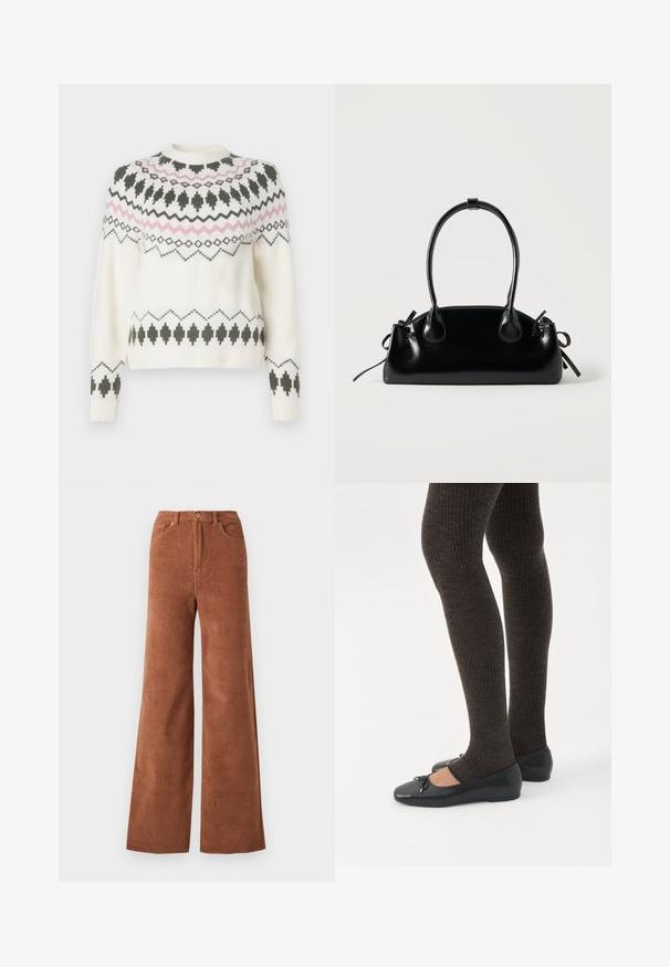 Pull en tricot blanc avec des motifs géométriques noirs et roses sur la poitrine, les manches et l'ourlet, présentant un col rond et des poignets côtelés.; Pantalons en velours côtelé à jambes larges dans une riche couleur brune, dotés de côtes verticales, de poches avant et d'une fermeture à bouton à la taille.; Jambes portant des leggings côtelés foncés associés à des ballerines noires avec de petits détails en nœud sur fond blanc.; Petit sac à main noir brillant avec deux longues anses et des détails à cordon sur les côtés sur un fond clair uni.