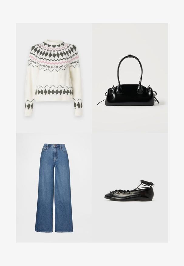 Pull en tricot blanc avec des motifs géométriques noirs et roses sur la poitrine, les manches et l'ourlet, présentant un col rond et des poignets côtelés.; Jean à jambes larges en denim bleu moyen, présentant une taille haute, des passants pour ceinture et une fermeture à bouton. Texture lisse avec des détails de couture minimaux.; Ballerines en cuir verni noir avec un bout rond, un design à lacets et une semelle plate. Texture lisse avec peu de détails.; Petit sac à main noir brillant avec deux longues anses et des détails à cordon sur les côtés sur un fond clair uni.