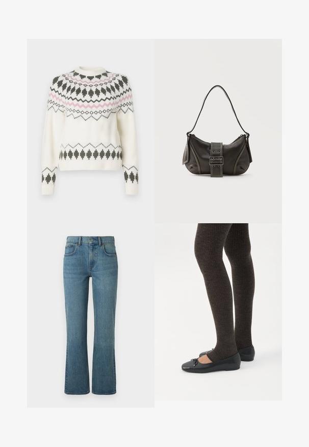 Hvid strikket sweater med sorte og pink geometriske mønstre over brystet, ærmerne og kanten, med rund halsudskæring og ribbede manchetter.; Lysblå flagrende jeans lavet af denim, med fem lommer, en frontknaplukning og subtil fading for tekstur.; Ben iført mørke ribbede leggings kombineret med sorte balletsko med små sløjfedetaljer på hvid baggrund.; Sort læder skuldertaske med spænde på remmen, afrundede kanter og kontrasterende hvide syninger på en ensfarvet baggrund.