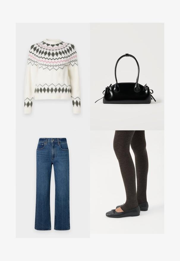 Hvid strikket sweater med sorte og pink geometriske mønstre over brystet, ærmerne og kanten, med rund halsudskæring og ribbede manchetter.; Blå denim brede ben jeans præsenteret mod en ensfarvet hvid baggrund, med forlommer, en knaplukning og en let falmet finish.; Ben iført mørke ribbede leggings kombineret med sorte balletsko med små sløjfedetaljer på hvid baggrund.; Lille sort blank håndtaske med to lange håndtag og snøre-detaljer i siden på en ensfarvet lys baggrund.