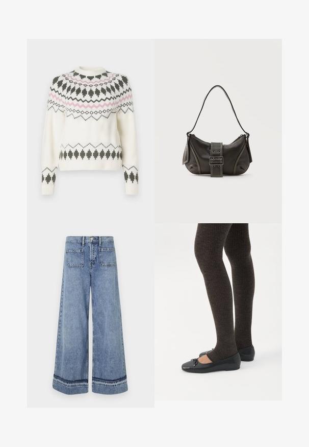 Hvid strikket sweater med sorte og pink geometriske mønstre over brystet, ærmerne og kanten, med rund halsudskæring og ribbede manchetter.; Lysblå denim brede bukser med høj talje, to baglommer og kontrasterende syninger langs kanten.; Ben iført mørke ribbede leggings kombineret med sorte balletsko med små sløjfedetaljer på hvid baggrund.; Sort læder skuldertaske med spænde på remmen, afrundede kanter og kontrasterende hvide syninger på en ensfarvet baggrund.