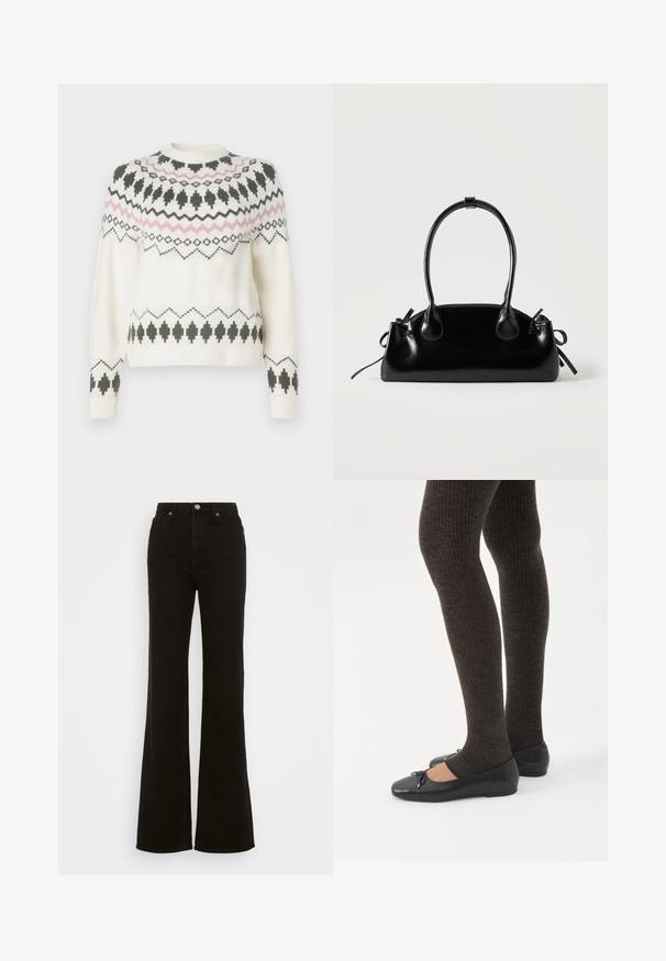 Weißer Strickpullover mit schwarzen und pinken geometrischen Mustern über der Brust, an den Ärmeln und am Saum, mit einem runden Ausschnitt und gerippten Bündchen.; Hoch taillierte schwarze Schlagjeans aus Denim, mit Knopfverschluss, seitlichen Taschen und glatter Textur.; Beine in dunklen, gerippten Leggings kombiniert mit schwarzen Ballerinas mit kleinen Schleifendetails auf weißem Hintergrund.; Kleine schwarze glänzende Handtasche mit zwei langen Griffen und seitlichen Kordelzug-Details vor einfachem hellem Hintergrund.
