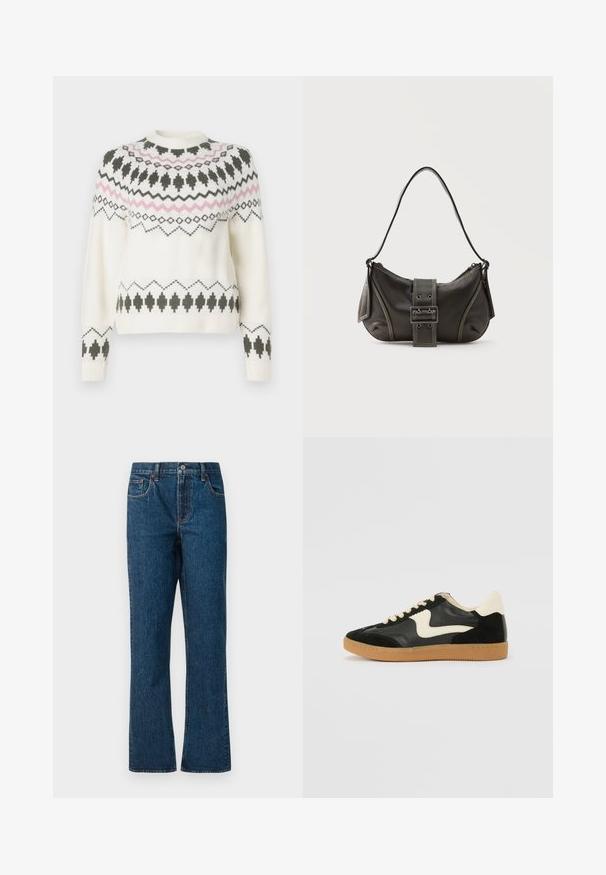 Witte gebreide trui met zwarte en roze geometrische patronen over de borst, mouwen en zoom, met een ronde halslijn en geribbelde manchetten.; Donkerblauwe denim jeans met een rechte pijp, voorzien van vijf zakken, een middelhoge taille en contrasterende stikdetails.; Zwarte suède en leren sneaker met een crèmekleurige zij-swoosh en lichte crèmekleurige hiel. Voorzien van beige veters en een gumrubberen zool.; Zwarte leren schoudertas met gespsluiting aan de riem, afgeronde hoeken en contrasterende witte stiksels op een effen achtergrond.