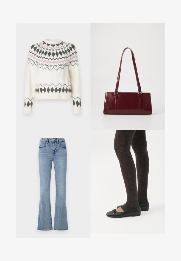 Witte gebreide trui met zwarte en roze geometrische patronen over de borst, mouwen en zoom, met een ronde halslijn en geribbelde manchetten.; Lichtblauwe denim jeans met een hoge taille, een knoop- en ritsluiting aan de voorkant, vijf zakken en licht uitlopende pijpen.; Benen met donkere geribbelde leggings gecombineerd met zwarte ballerina's met kleine strikdetails op een witte achtergrond.; Bourgondische handtas van glanzend materiaal, rechthoekige vorm, met twee schouderbanden en subtiele gebogen accenten aan de voorkant.