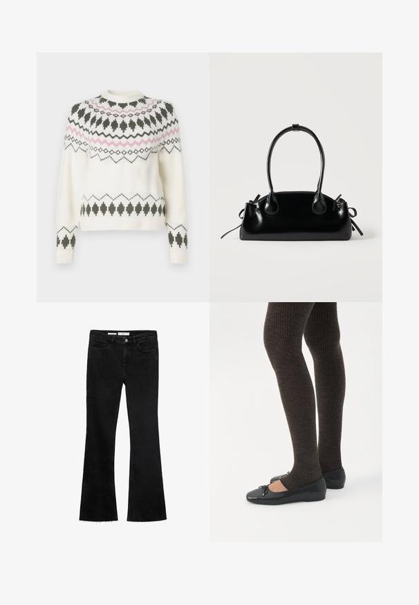 Hvid strikket sweater med sorte og pink geometriske mønstre over brystet, ærmerne og kanten, med rund halsudskæring og ribbede manchetter.; Sorte flared jeans i et blødt stof med en rå kant, der har to frontlommer og en knappelukning med lynlås.; Ben iført mørke ribbede leggings kombineret med sorte balletsko med små sløjfedetaljer på hvid baggrund.; Lille sort blank håndtaske med to lange håndtag og snøre-detaljer i siden på en ensfarvet lys baggrund.