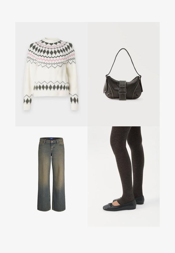 Hvid strikket sweater med sorte og pink geometriske mønstre over brystet, ærmerne og kanten, med rund halsudskæring og ribbede manchetter.; Bredde ben blå denim jeans med en lys til mørk gradient, fem-lomme design og lukning med knap. Syede detaljer på kanterne.; Ben iført mørke ribbede leggings kombineret med sorte balletsko med små sløjfedetaljer på hvid baggrund.; Sort læder skuldertaske med spænde på remmen, afrundede kanter og kontrasterende hvide syninger på en ensfarvet baggrund.