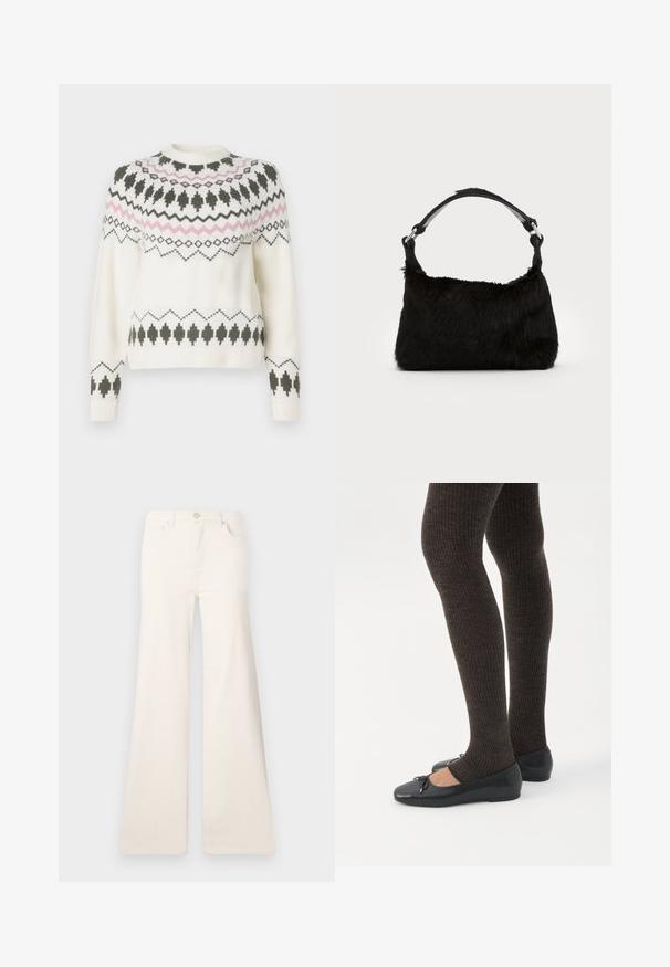 Pull en tricot blanc avec des motifs géométriques noirs et roses sur la poitrine, les manches et l'ourlet, présentant un col rond et des poignets côtelés.; ONLY Wide-fit ONLMADISON High waist Wide Leg Fit - Wide Leg - ecru; Jambes portant des leggings côtelés foncés associés à des ballerines noires avec de petits détails en nœud sur fond blanc.; Sac à main en fausse fourrure noire avec une texture douce, une forme arrondie et une bandoulière en cuir noir robuste. Accent en métal argenté visible.