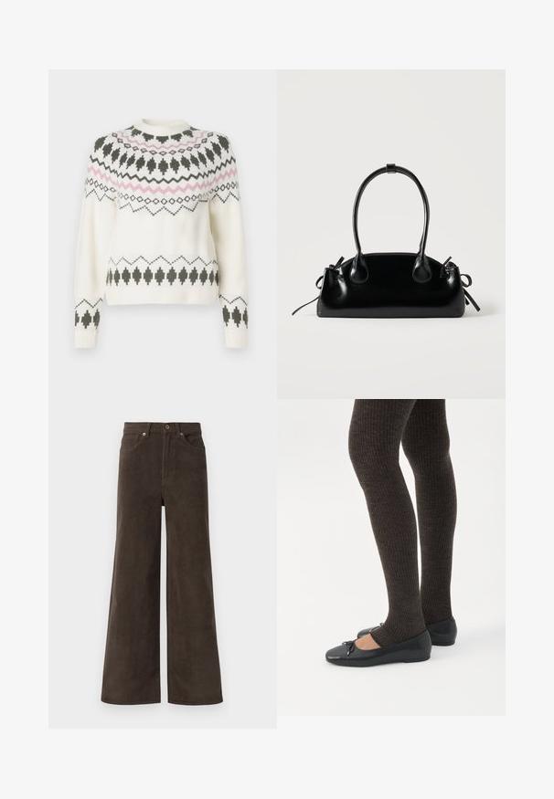 Pull en tricot blanc avec des motifs géométriques noirs et roses sur la poitrine, les manches et l'ourlet, présentant un col rond et des poignets côtelés.; Pantalons en velours côtelé larges marron foncé avec poches avant, passants de ceinture et fermeture à boutons à la taille.; Jambes portant des leggings côtelés foncés associés à des ballerines noires avec de petits détails en nœud sur fond blanc.; Petit sac à main noir brillant avec deux longues anses et des détails à cordon sur les côtés sur un fond clair uni.