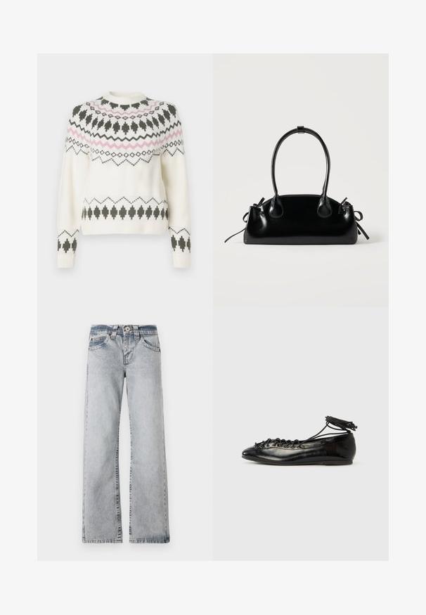 Hvid strikket sweater med sorte og pink geometriske mønstre over brystet, ærmerne og kanten, med rund halsudskæring og ribbede manchetter.; Lyseblå denimjeans med vid benlængde. Standard talje, fem lomme-stil og synlige syninger langs sømmene.; Sorte balletflade sko i laklæder med rundet tå, snørelukning og flad sål. Glat tekstur med få detaljer.; Lille sort blank håndtaske med to lange håndtag og snøre-detaljer i siden på en ensfarvet lys baggrund.