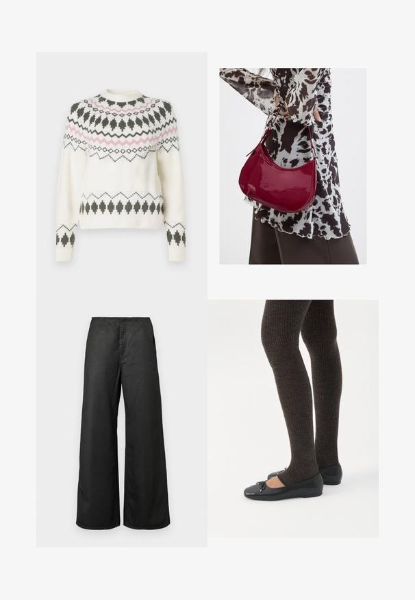 Hvid strikket sweater med sorte og pink geometriske mønstre over brystet, ærmerne og kanten, med rund halsudskæring og ribbede manchetter.; Sorte bredbenede bukser med forlommer og høj talje, lavet af et glat stof, præsenteret mod en ensfarvet lys baggrund.; Ben iført mørke ribbede leggings kombineret med sorte balletsko med små sløjfedetaljer på hvid baggrund.; Kvinde iført en sort- og hvidmønstret bluse, der holder en blank rød skuldertaske mod en ensfarvet baggrund.
