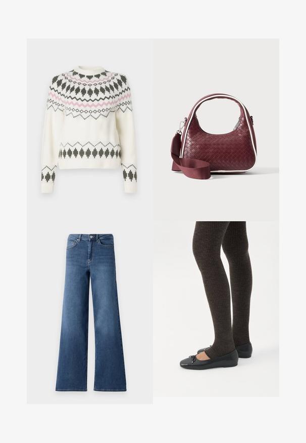 Hvid strikket sweater med sorte og pink geometriske mønstre over brystet, ærmerne og kanten, med rund halsudskæring og ribbede manchetter.; Bredde ben blå denimjeans med en standard talje, forlommer og en glat tekstur. Ingen synlige mønstre eller udsmykninger.; Ben iført mørke ribbede leggings kombineret med sorte balletsko med små sløjfedetaljer på hvid baggrund.; Mørkerød vævet lædertaske med buet hank, hvid kant, sølv lynlås og aftagelig bred stofskulderrem mod en ensfarvet baggrund.
