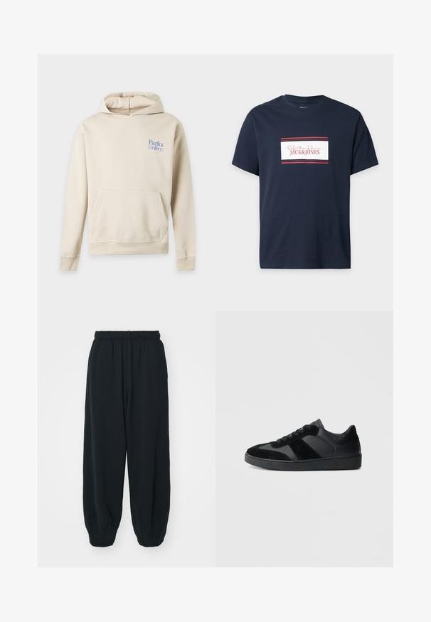 Beiger Hoodie mit Fronttasche und blauem ""Parks Gallery""-Text auf der oberen linken Brust, dargestellt auf einem einfarbigen hellgrauen Hintergrund.; Marineblaue T-Shirt mit kurzen Ärmeln, mit einem weißen rechteckigen Logo, das von roten Streifen umrandet ist, und rotem "JACK & JONES" Text in der Mitte.; Schwarze Sweatpants mit elastischem Bund, lockerer Passform, gerippten Beinabschlüssen, glatter Textur und ohne sichtbare Muster oder Hardware-Akzente.; Schwarze Sneaker aus einer Mischung von glattem Leder und Wildleder, mit einer strukturierten schwarzen Gummisohle und dezenten Streifendetails.