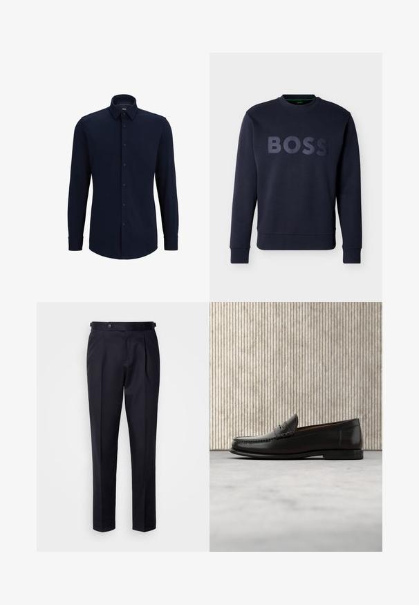 Marineblauer langärmeliger Sweatshirt mit gerippten Bündchen und Saum, versehen mit erhabenen "BOSS"-Buchstaben auf der Brust.; Marineblaue Langarmhemd aus gewebtem Stoff, mit klassischem Kragen, geradem Schnitt und vorderer Knopfverschluss.; Marineblaue Anzughose aus glattem Stoff mit einer vorderen Bügelfalte, geraden Beinen und einem Bund mit Knopfverschluss.; Schwarzer Pennyloafer aus Leder mit niedrigem Absatz, abgerundeter Spitze und genähten Details vorne und an den Seiten, gezeigt vor neutralem Hintergrund.