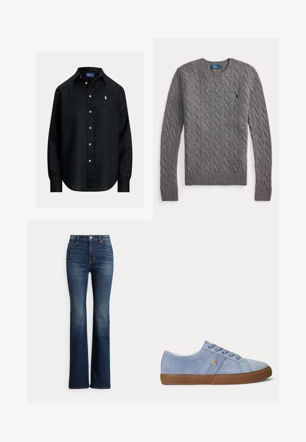 Grijze kabelgebreide trui met lange mouwen, geribde manchetten en zoom, ronde halslijn en een klein blauw polospelerlogo op de borst.; Zwart overhemd met lange mouwen, knopen, kraag, witte knopen en klein wit geborduurd Polo Ralph Lauren-logo op de linkerborst.; Donkerblauwe high-waist bootcut jeans met knoopsluiting aan de voorkant en zakken, lichte vervaging op de dijen en knieën, weergegeven tegen een witte achtergrond.; Lichtblauwe suède lage sneaker met bruine rubberen zool en klein gouden logo op de zijstrook, weergegeven in rechterzijaanzicht.