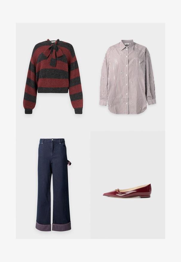 Pull court avec des rayures horizontales rouges et gris foncé, en matériau doux, avec un détail de nœud à l'encolure et des poignets côtelés.; Chemise à manches longues avec boutons, rayures verticales marron et blanches et petite broderie florale dispersée sur le tissu.; Pantalons en denim à jambes larges en coton bleu foncé avec un ourlet soigné, présentant une étiquette d'accent rose sur le côté et un design classique à cinq poches.; Ballerines en cuir verni bordeaux avec un bout pointu, présentant un petit détail découpé et un petit talon. Texture lisse et design épuré.
